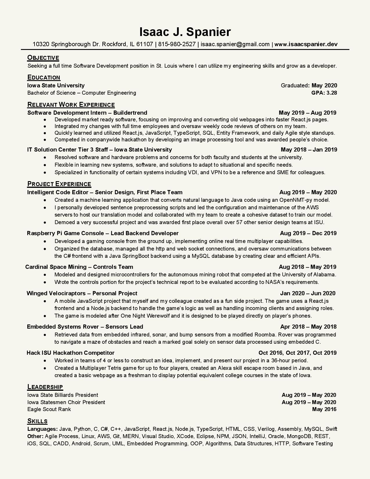 Isaac Spanier 2020 Resume